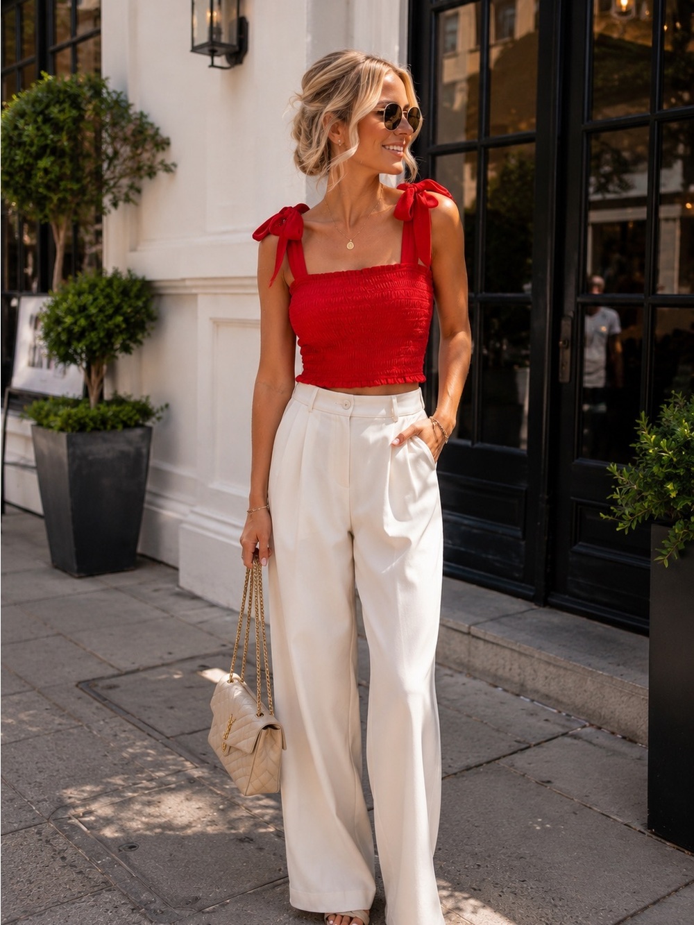 Altar'd State Red Smocked Tie-Shoulder Crop Top